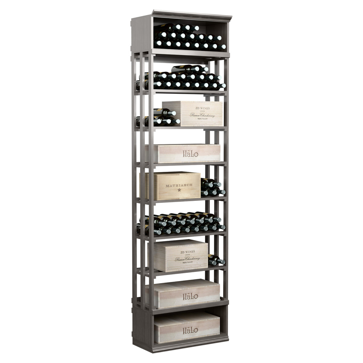 Rectangular wine storage bin in dark gray with lattice frame and bottle display tiers