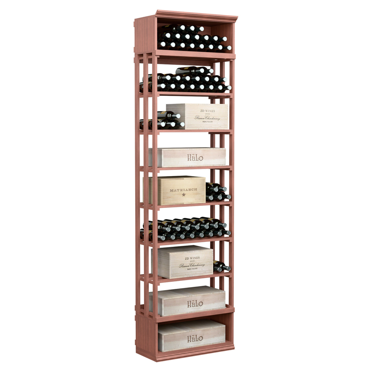 Rectangular wine storage bin in reddish wood with lattice sides and bottle/case compartments