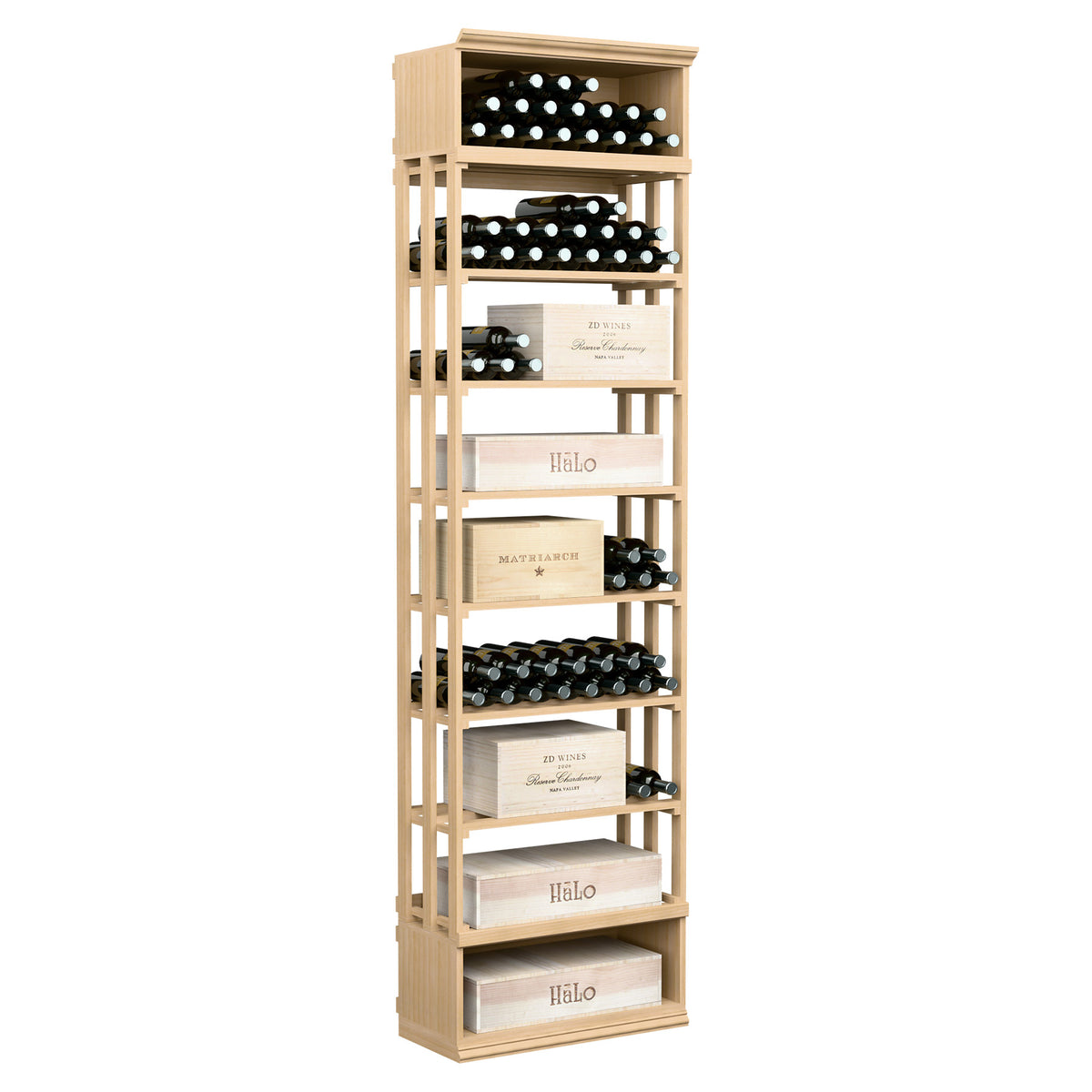Rectangular wine storage bin in light wood with lattice sides and multiple bottle display tiers