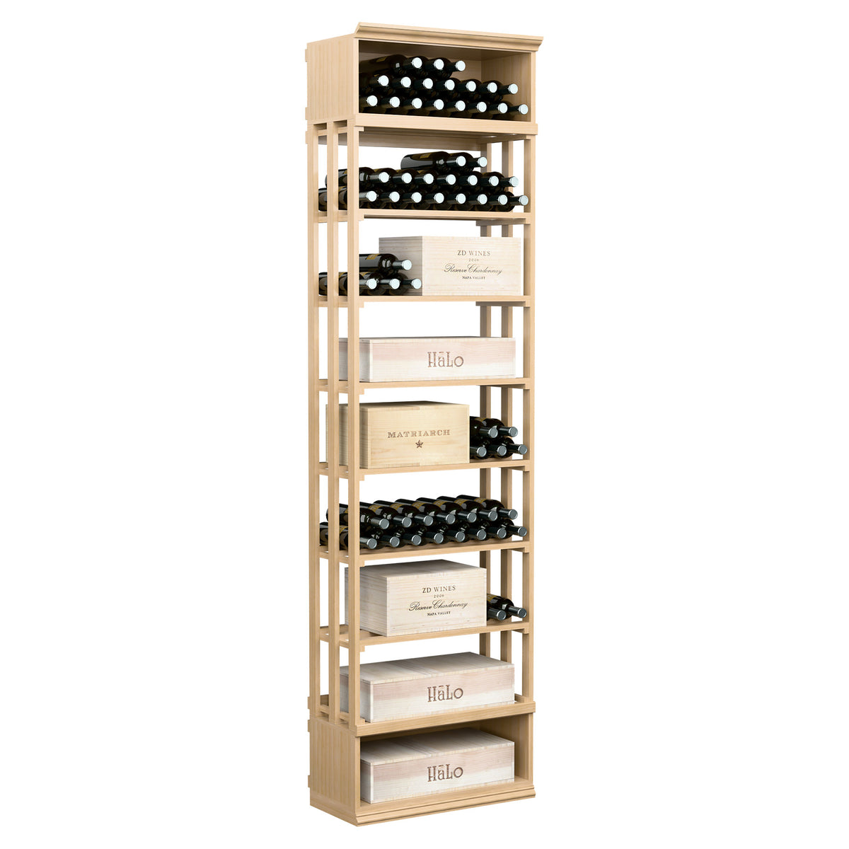Rectangular wine storage bin in pale light wood with lattice frame and bottle/case shelves