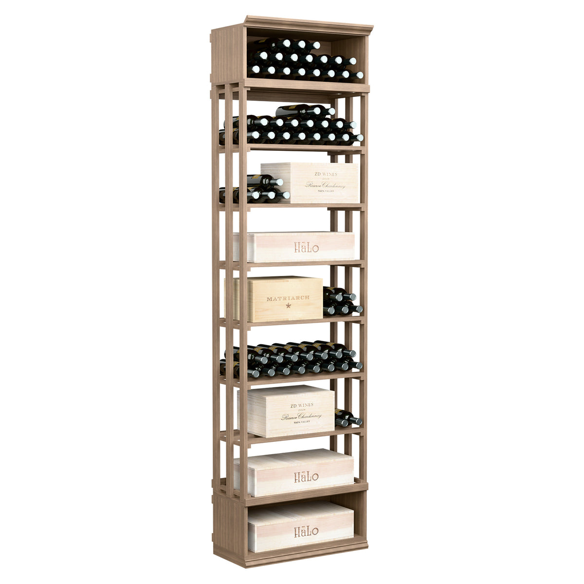 Rectangular wine storage bin in light natural wood with lattice sides and bottle storage rows