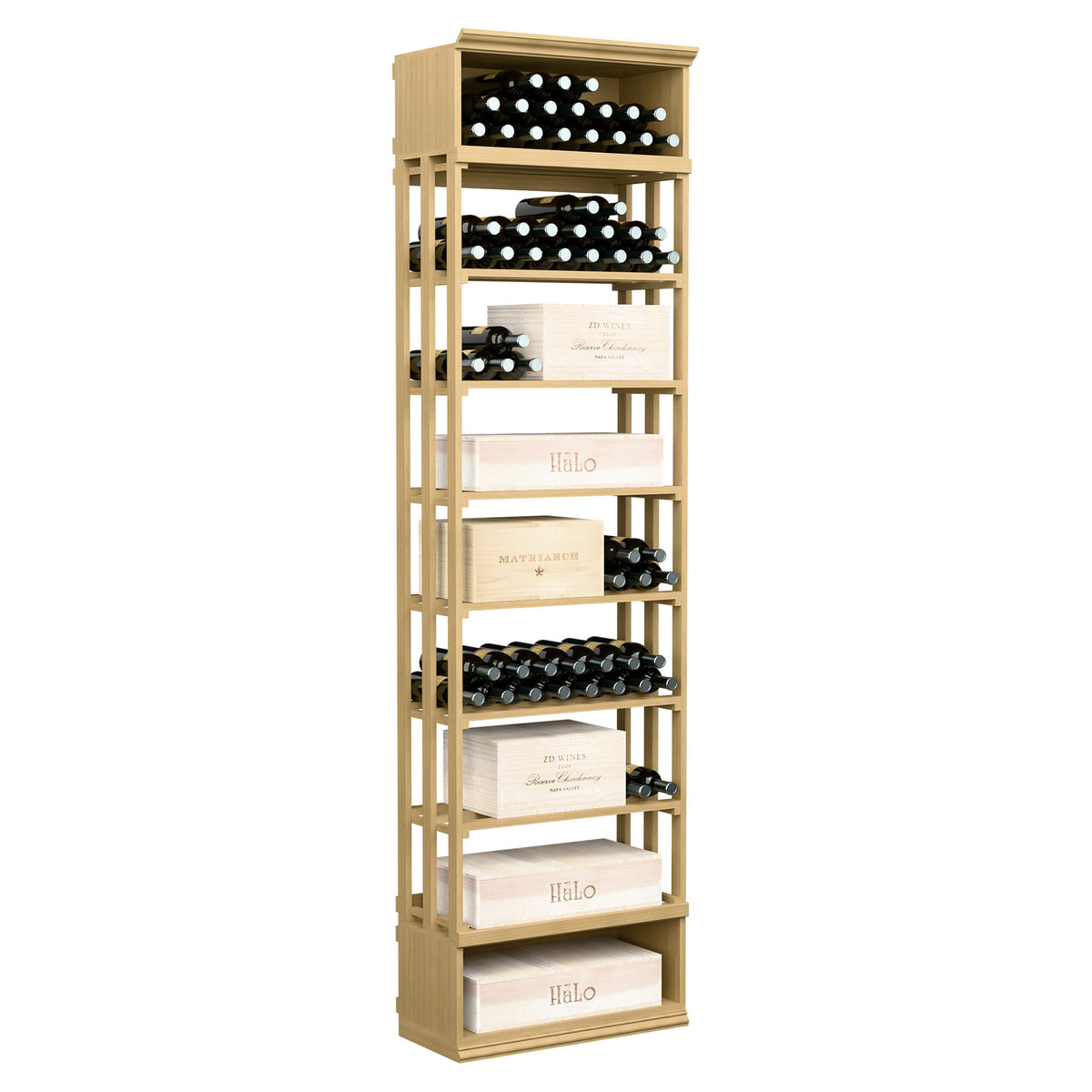 Natural wood lattice wine storage bin with open shelves and bottle rows