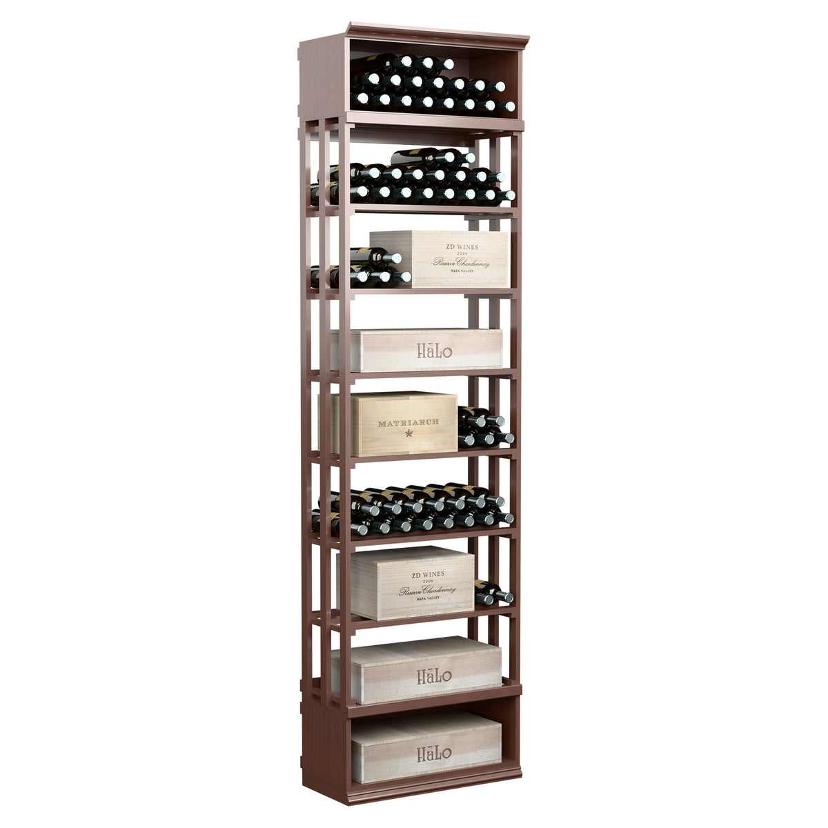 Espresso-brown wood lattice wine bin with front shelves holding bottle sets