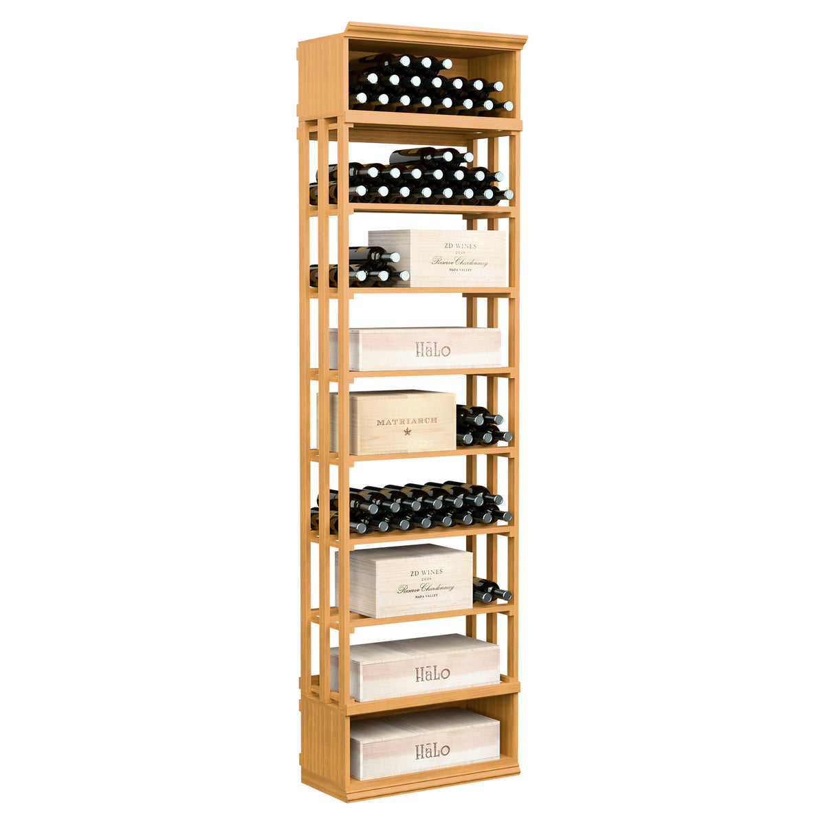 Honey-toned wood lattice wine storage bin with open shelves for bottle rows