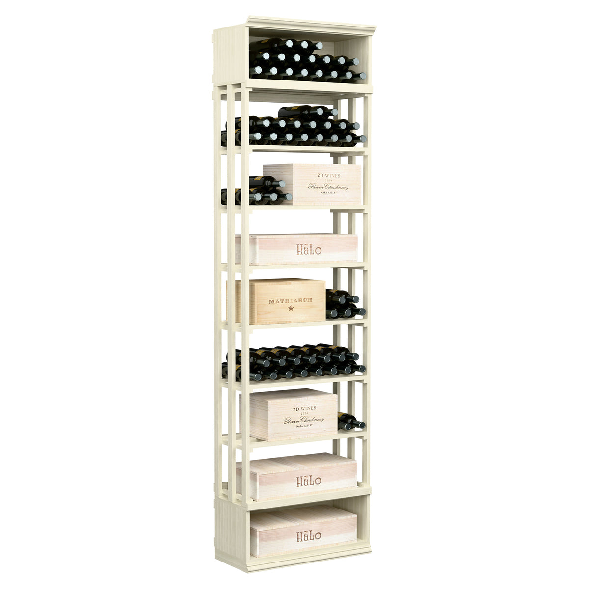 White wood lattice wine storage bin with tiered open shelves for bottles