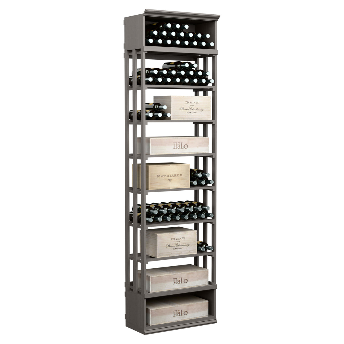 Charcoal lattice wine rack with open shelves and bottle slots, rectangular case bin