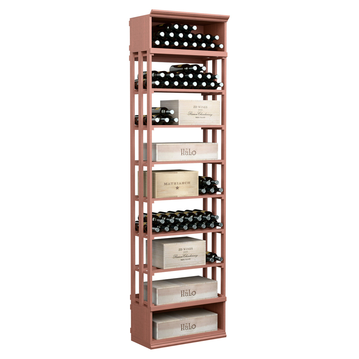 Red wood lattice wine rack with open shelves and bottle slots, rectangular case bin