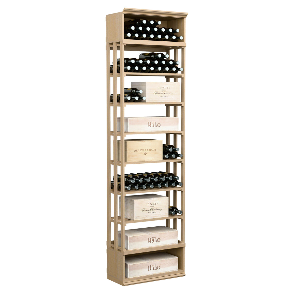 Natural wood lattice wine rack with open shelves and bottle slots, rectangular case bin