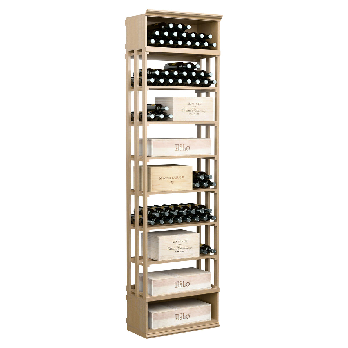 Pale wood lattice wine rack with open shelves and bottle slots, rectangular case bin