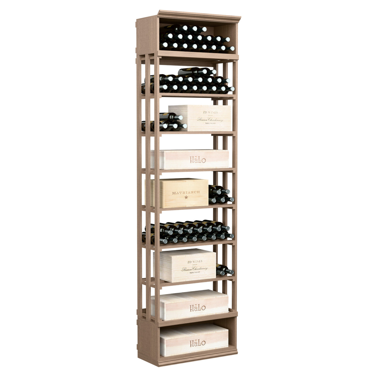 Light tan lattice wine rack with open shelves and bottle slots, rectangular case bin