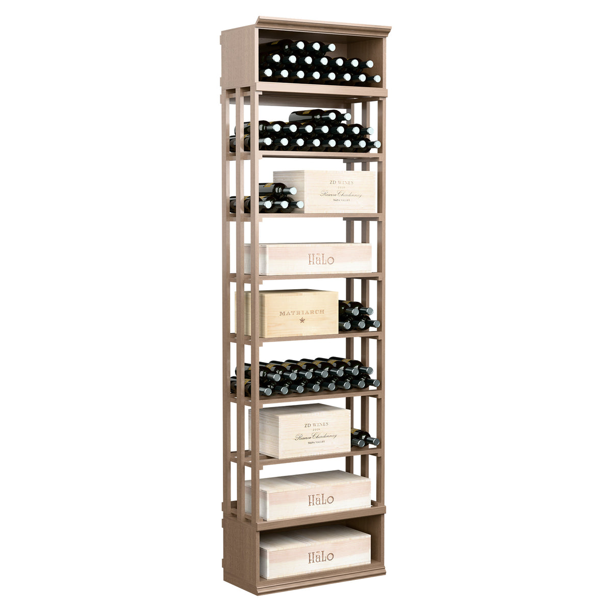Tall tan lattice wine rack with open shelves and bottle slots, rectangular case bin