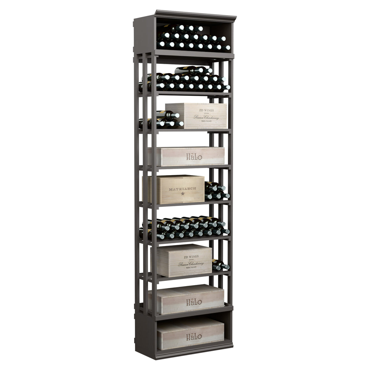 Dark charcoal lattice wine rack with open shelves and bottle slots, rectangular case bin