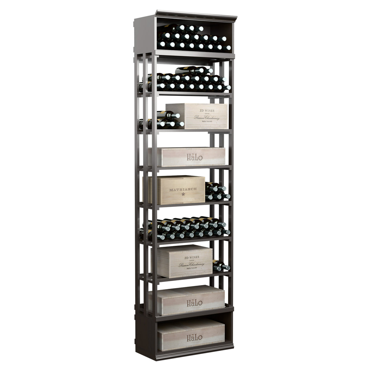 Charcoal lattice wine rack with open shelves and bottle slots, rectangular case bin