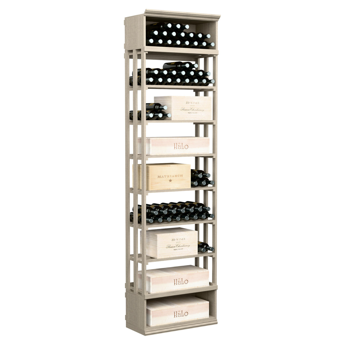 Lattice wine and case bin with open shelves and slatted frame, holds multiple bottles