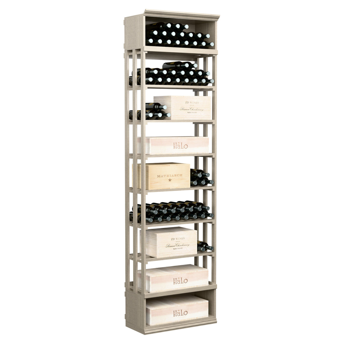Lattice wine and case bin with open tiers and front drawers, bottle storage display