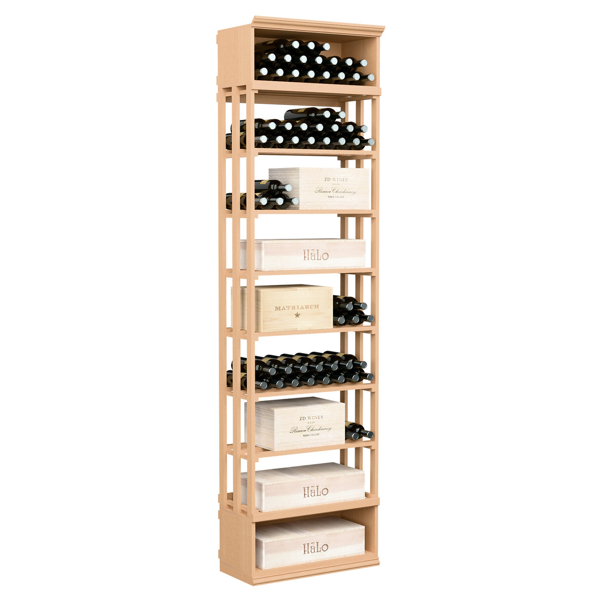 Light wood lattice wine and case bin with open shelves and bottle racks for storage