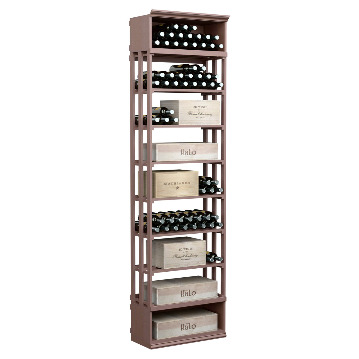 Dark lattice wine and case bin with open shelves and bottle racks, front case drawers
