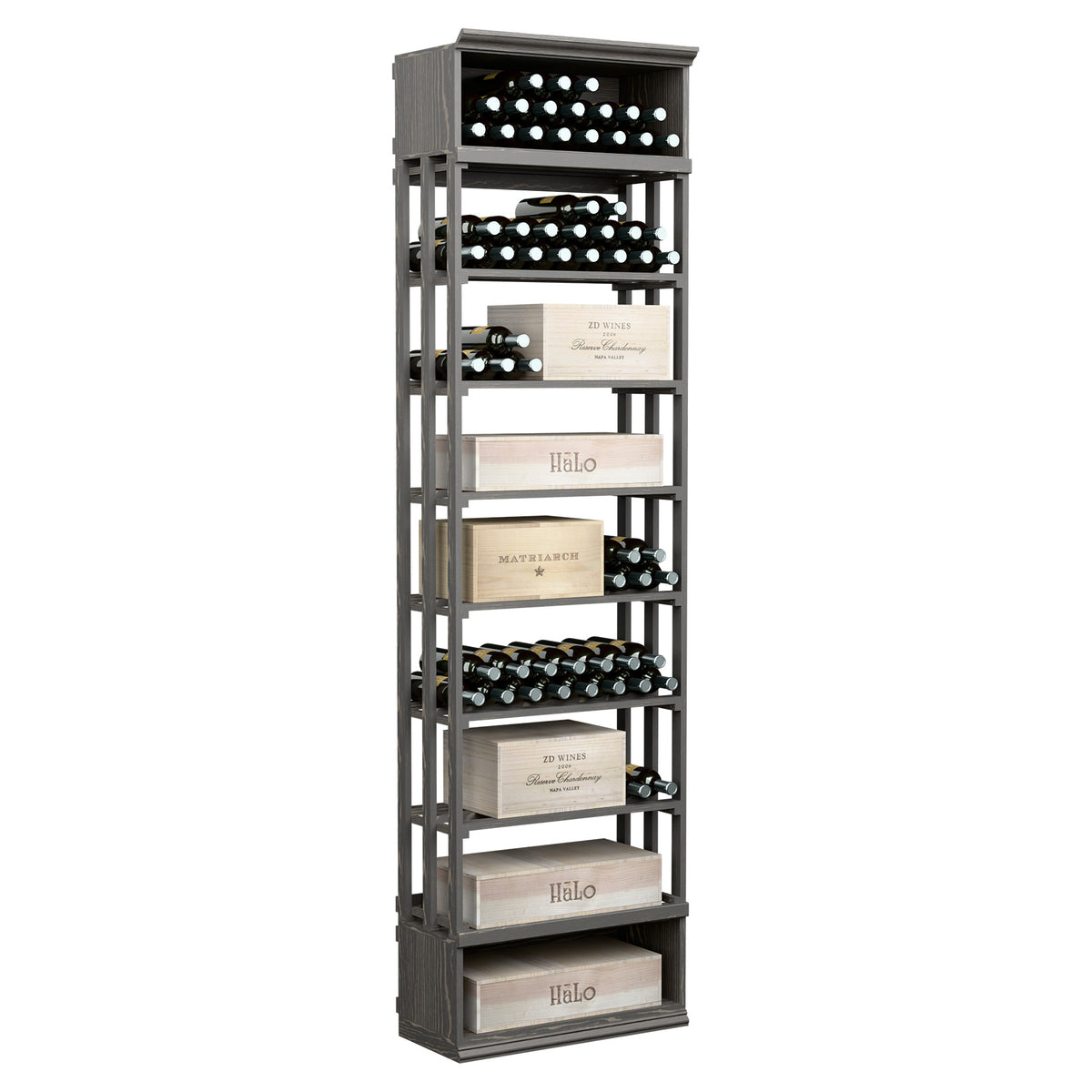 Rectangular wine and case storage bin with lattice shelves, dark gray frame