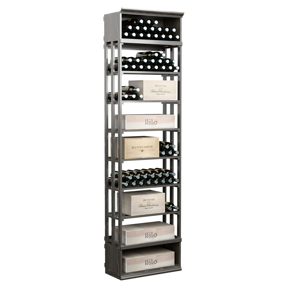 Rectangular wine and case storage bin with lattice shelves, charcoal stained frame