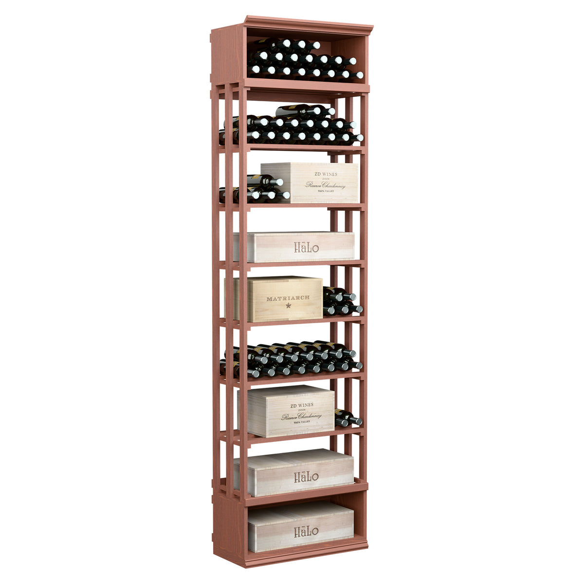 Rectangular wine and case storage bin with lattice shelves, reddish-brown frame