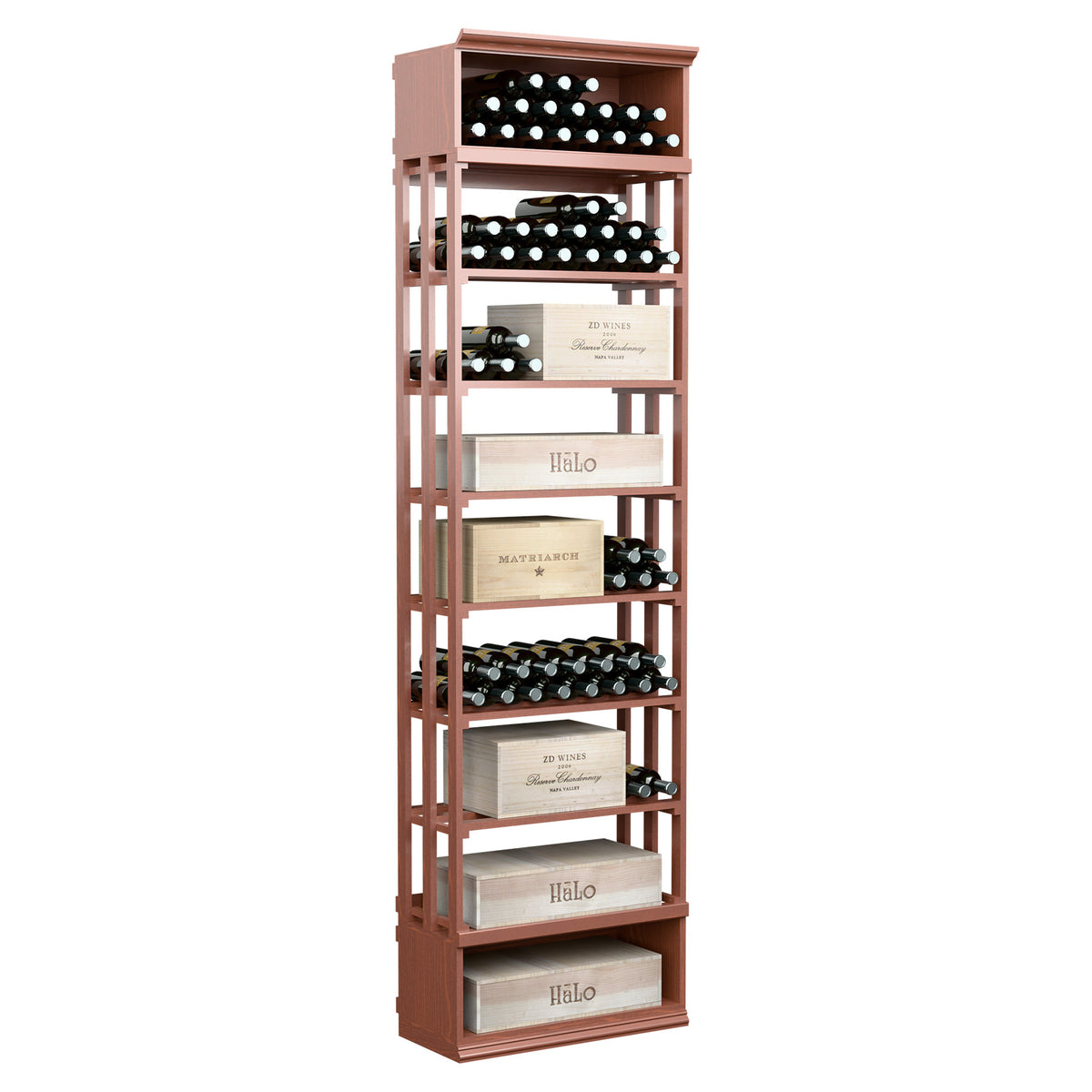 Rectangular wine and case storage bin with lattice shelves, warm red-brown frame