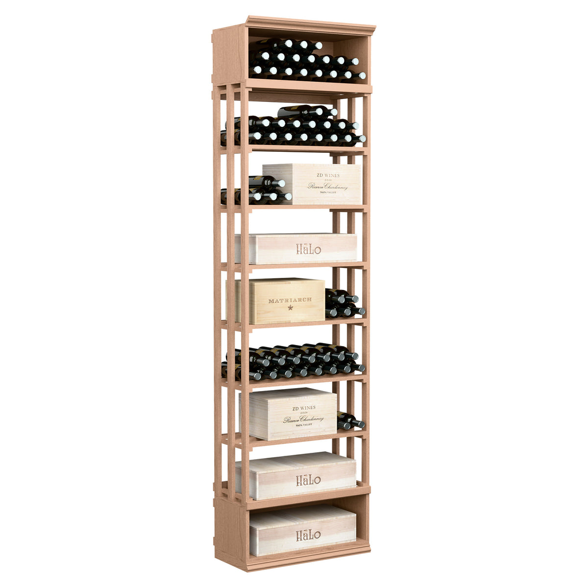 Rectangular wine and case storage bin with lattice shelves, light brown wood frame