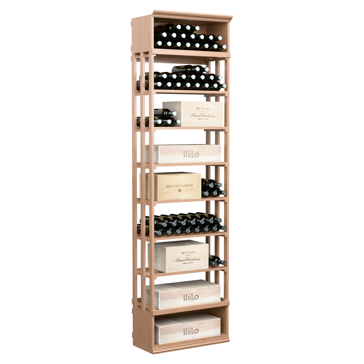 Rectangular wine and case storage bin with lattice shelves, pale tan wood frame