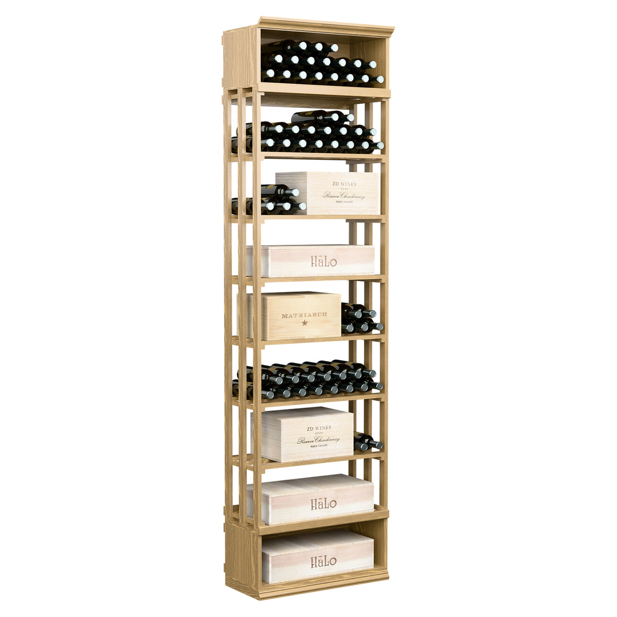 Rectangular wine and case storage bin with lattice shelves, natural light wood frame
