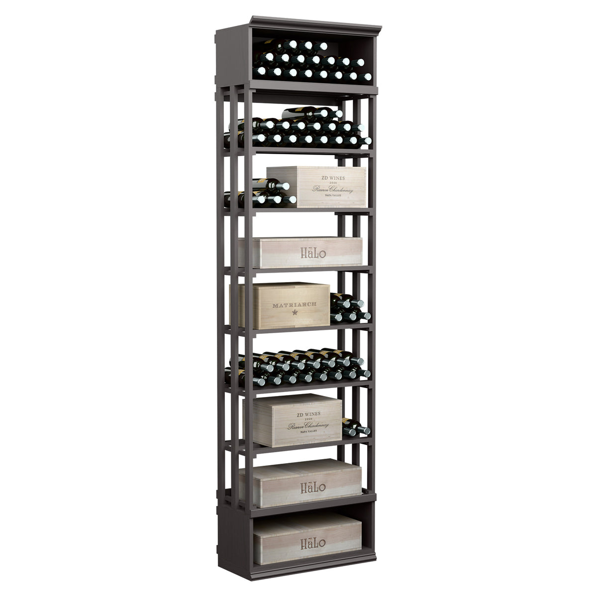 Rectangular wine and case storage bin with lattice shelves, dark charcoal frame