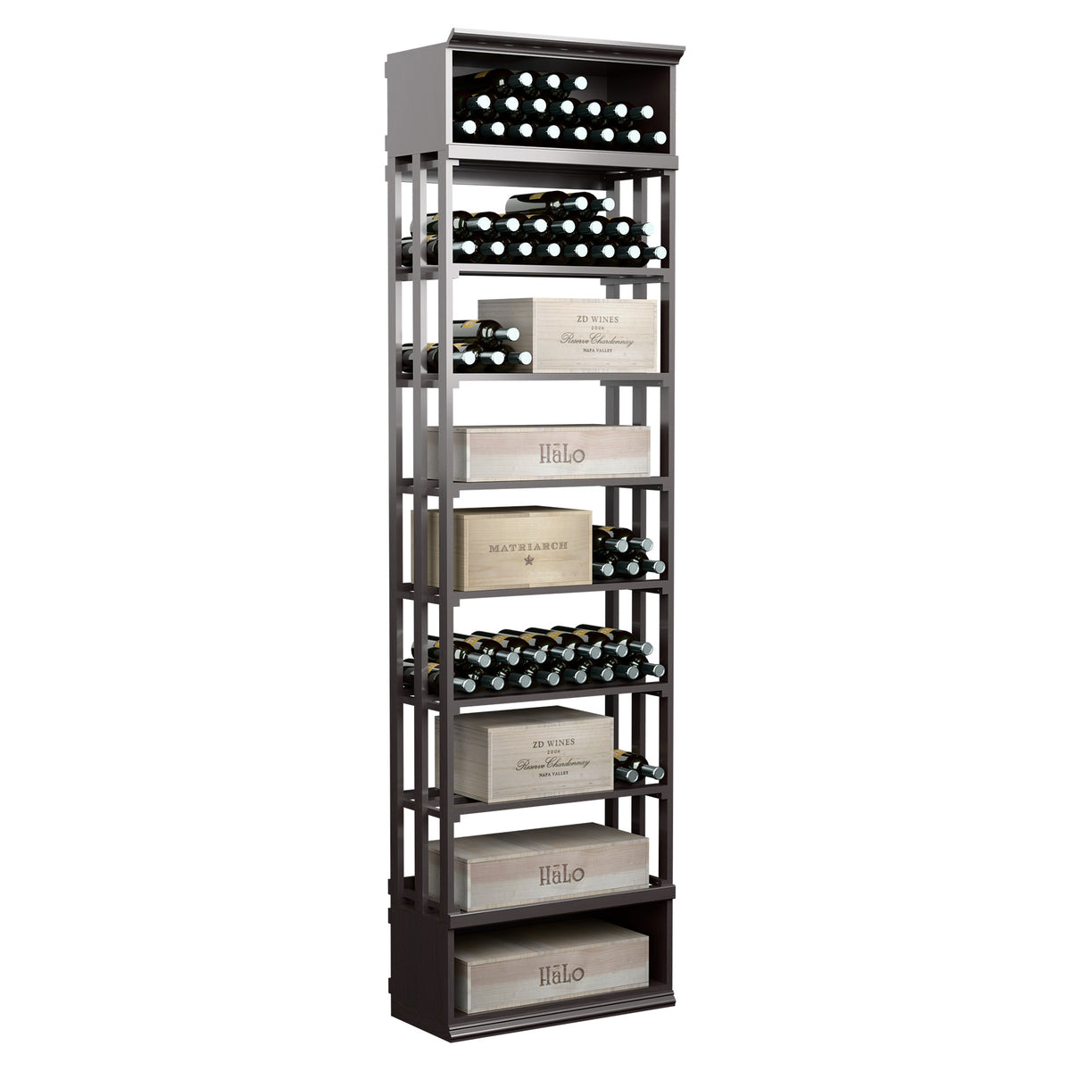 Rectangular wine and case storage bin with lattice shelves, deep gray frame