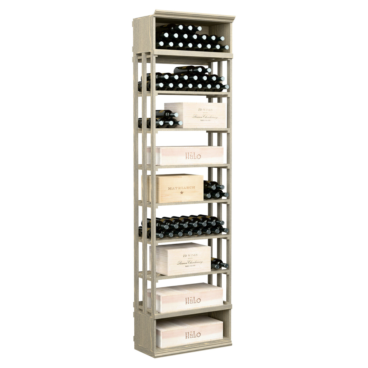Wood wine and case storage bin with lattice sides and 6 bottle shelves, light finish
