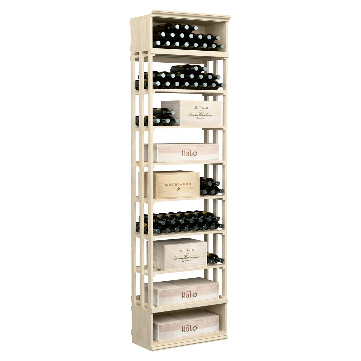 Tall rectangular wine storage bin in light wood with lattice panels and bottle shelves