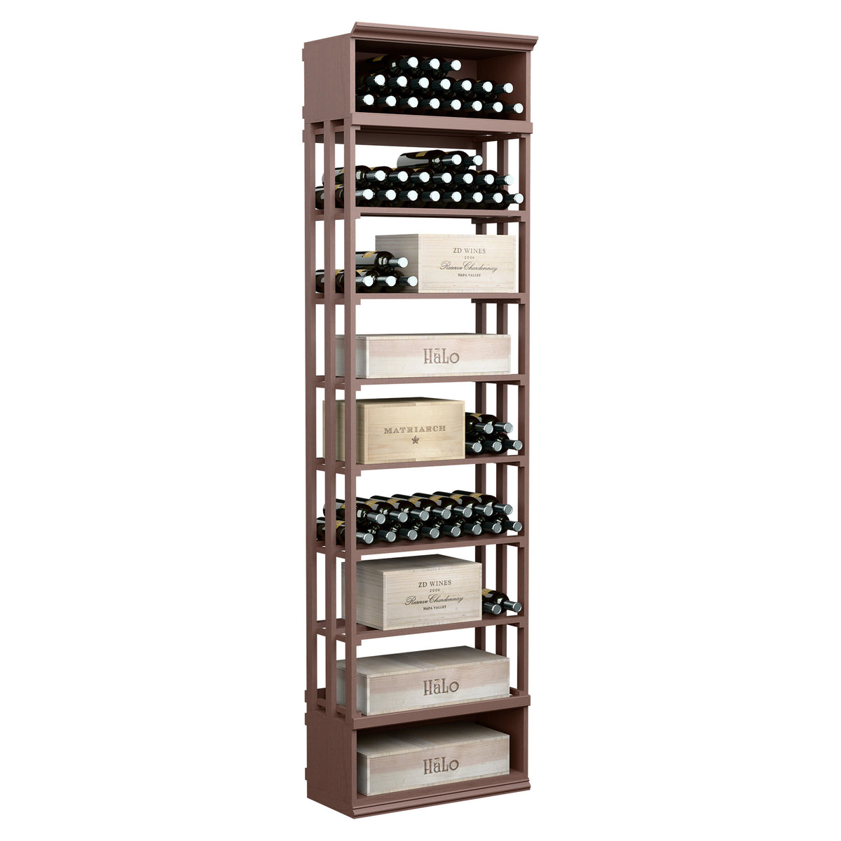 Tall wood wine and case storage bin with lattice panels and bottle shelves, dark finish