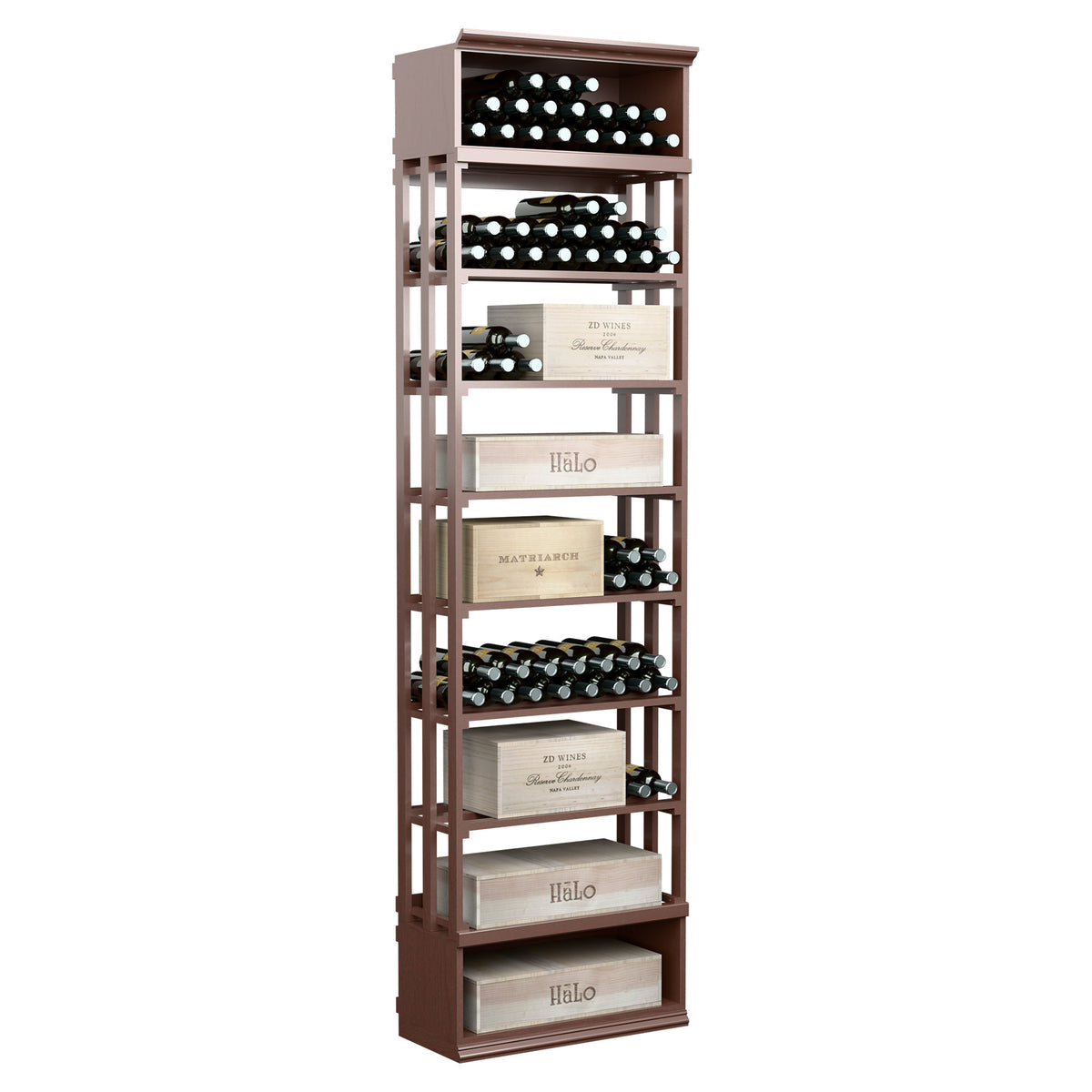 Rectangular wine and case storage bin with lattice sides and bottle shelves, dark brown wood