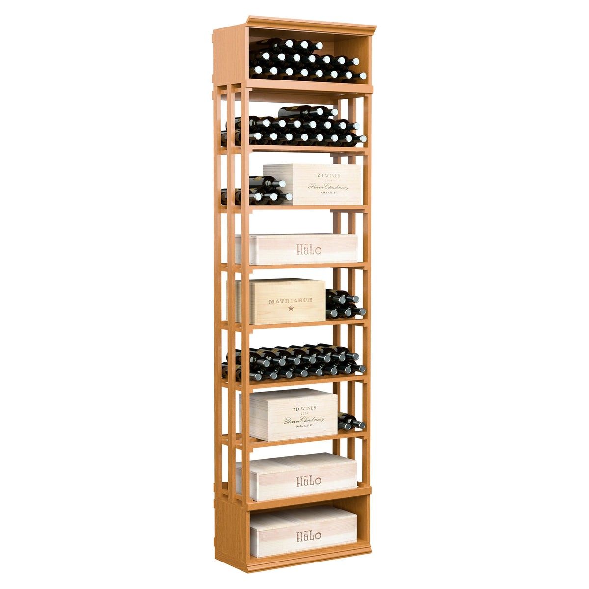 Rectangular wine storage bin with lattice dividers and bottle shelves, warm wood finish