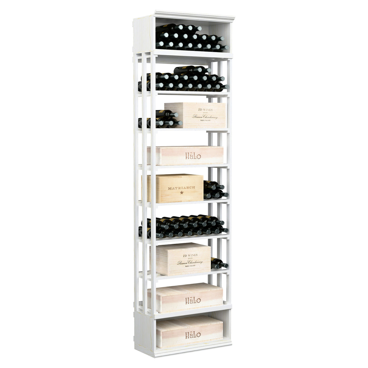 White-finished rectangular wine and case storage bin with lattice panels and bottle shelves