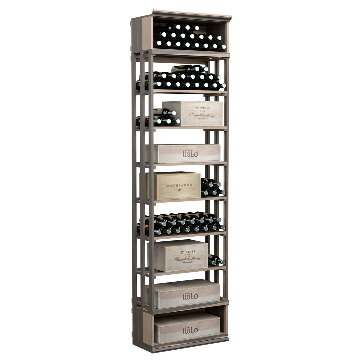 Dark wood lattice wine storage cabinet with open shelves and bottle slots