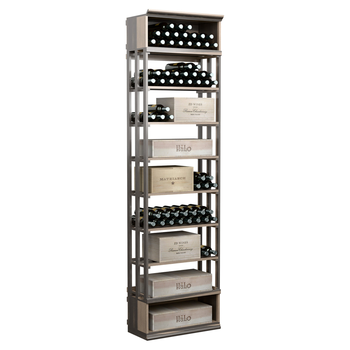 Gray wood lattice wine storage cabinet with open shelves and bottle slots