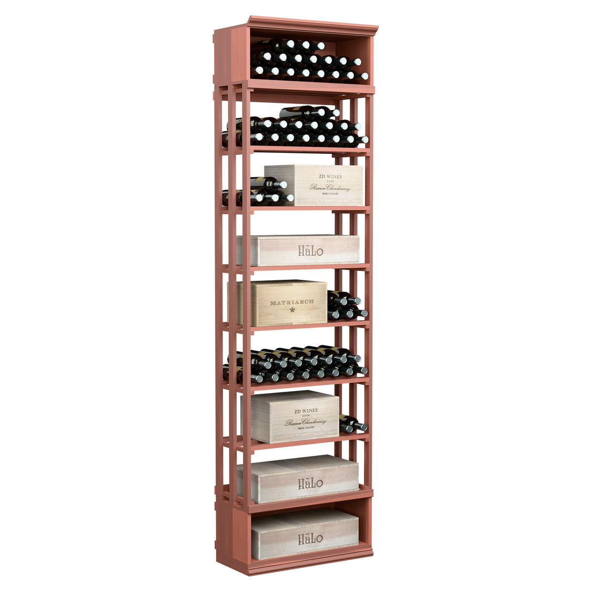 Red wood lattice wine storage cabinet with open shelves and bottle slots
