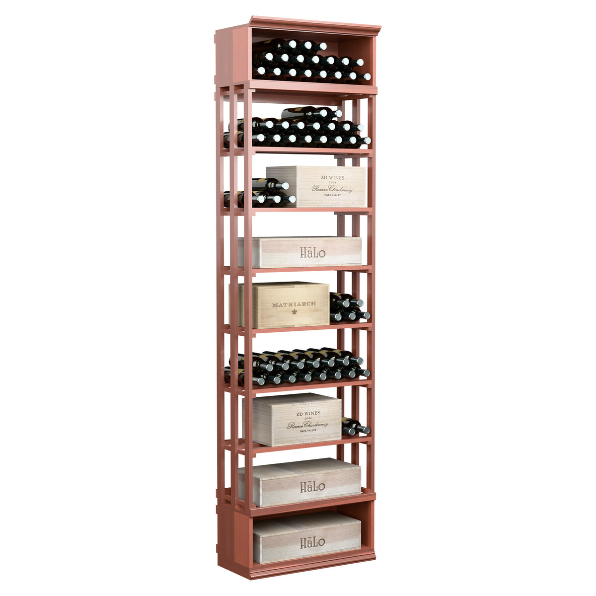 Rust red lattice wine storage cabinet with open shelves and bottle slots