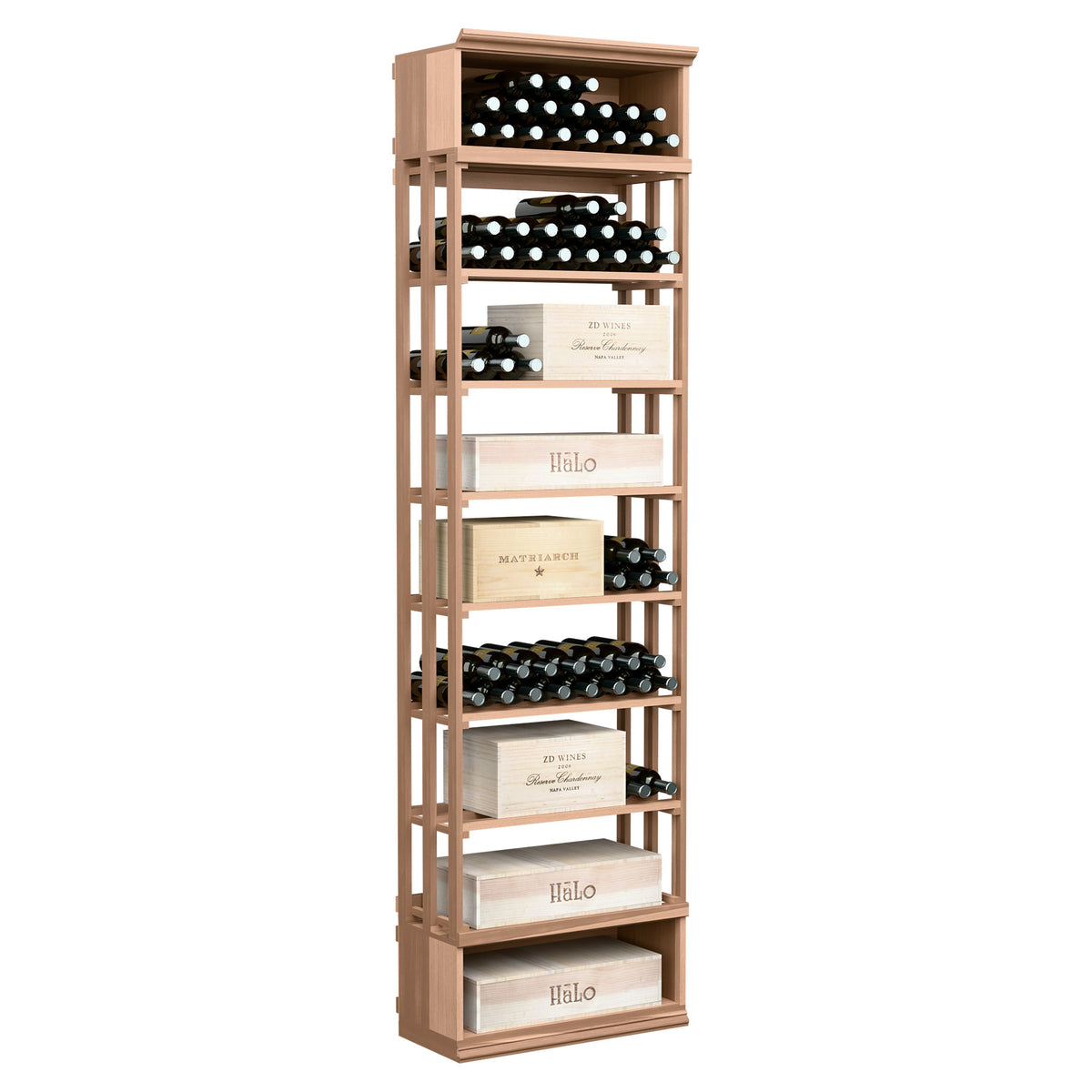 Light wood lattice wine storage cabinet with open shelves and bottle slots