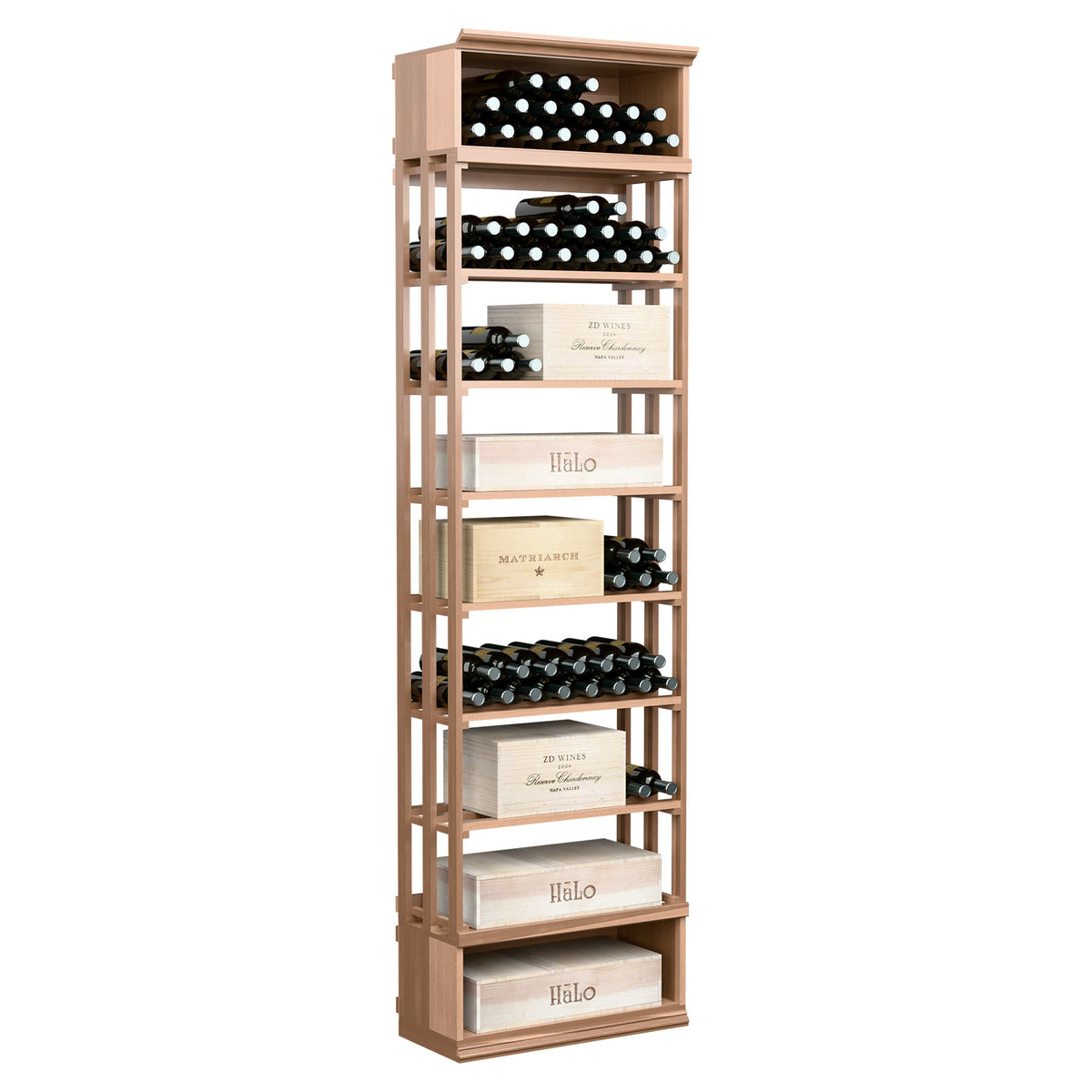 Natural oak tone lattice wine storage cabinet with open shelves and bottle slots