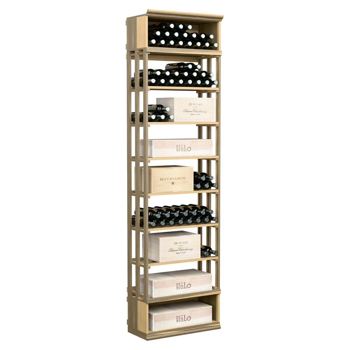 Honey-colored lattice wine storage cabinet with open shelves and bottle slots