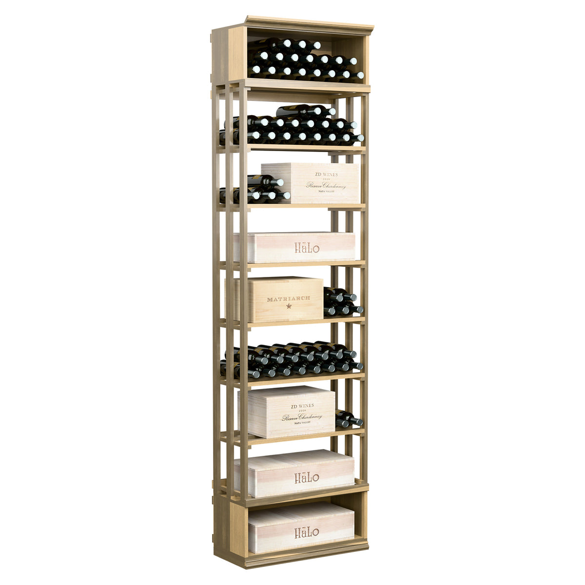 Beige light wood lattice wine storage cabinet with open shelves and bottle slots