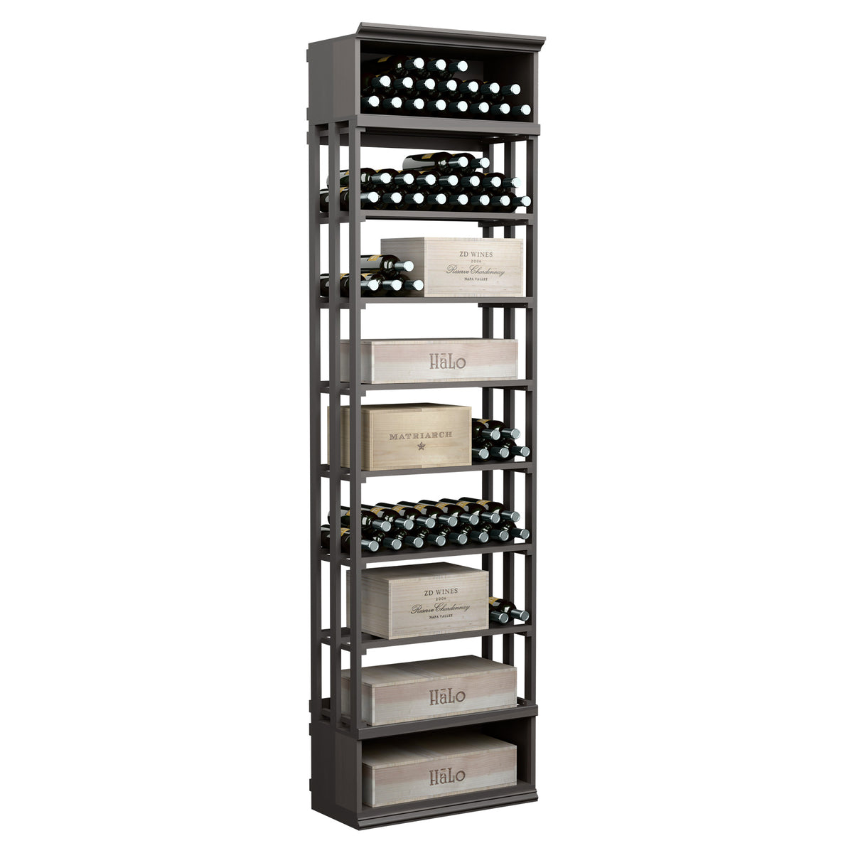 Black stained lattice wine storage cabinet with open shelves and bottle slots
