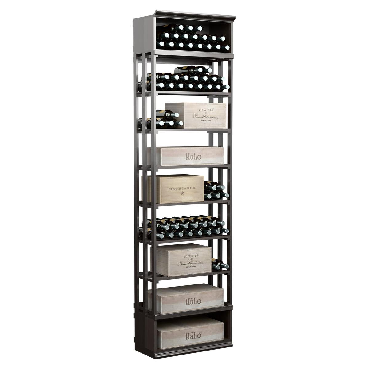 Charcoal lattice wine storage cabinet with open shelves and bottle slots