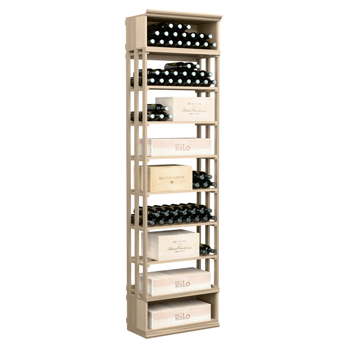 8ft wooden wine storage bin with lattice sides and tiered shelves for bottles and cases