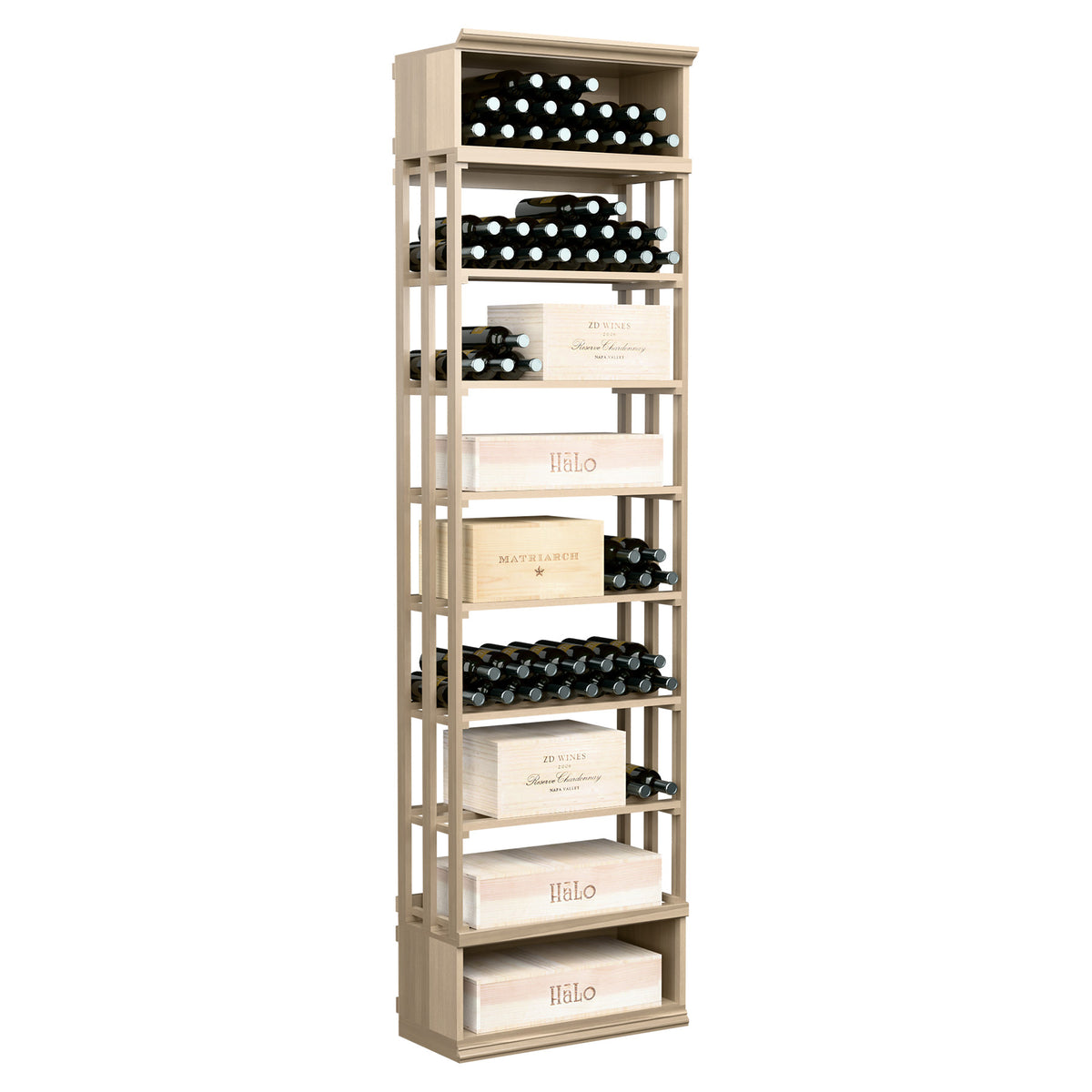 8ft tall wine storage bin with lattice side panels and tiered bottle shelves, wooden frame