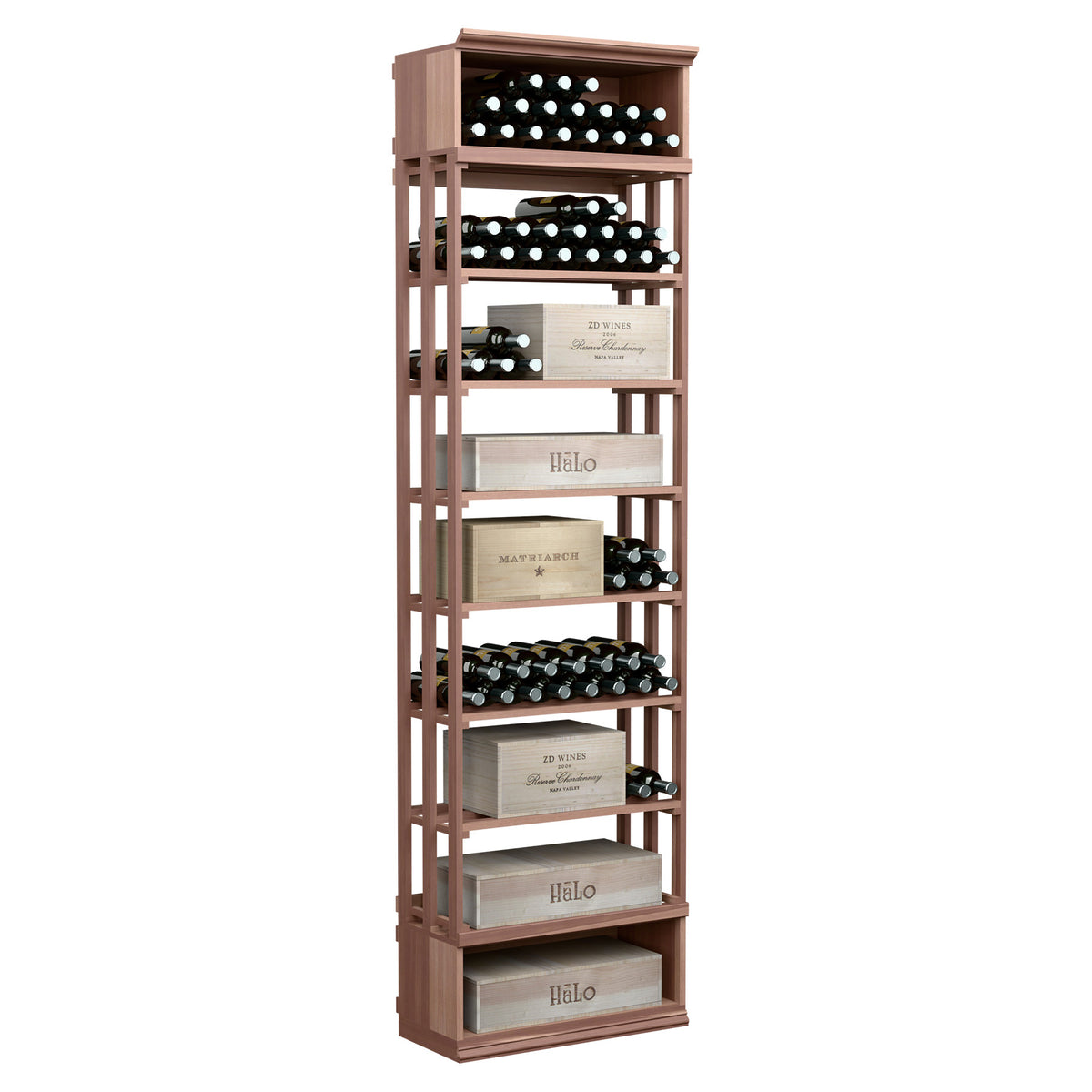 8ft wine storage bin with lattice sides and tiered shelves, dark stained wooden finish