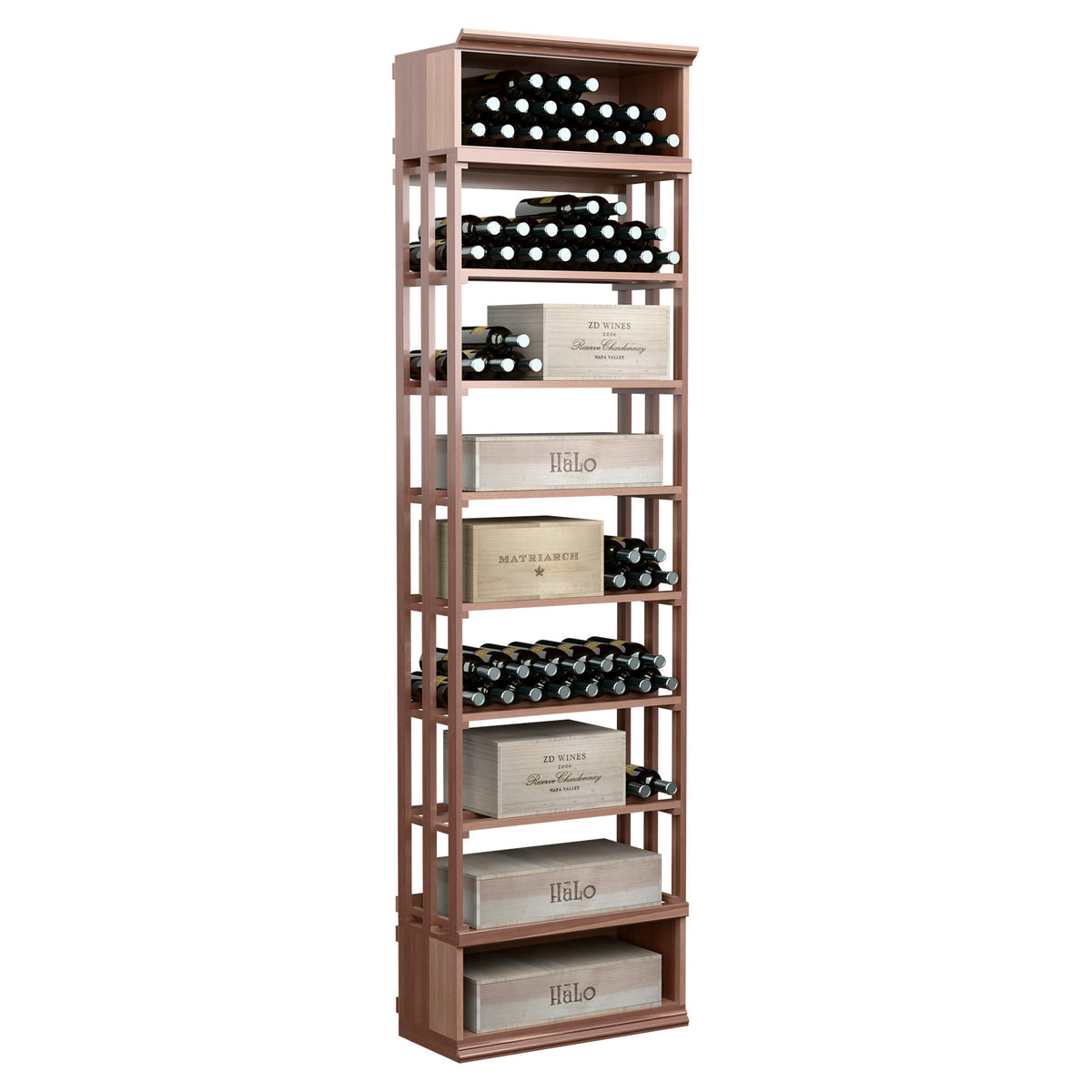 8ft wooden wine storage bin with lattice side panels and tiered bottle shelves, medium dark